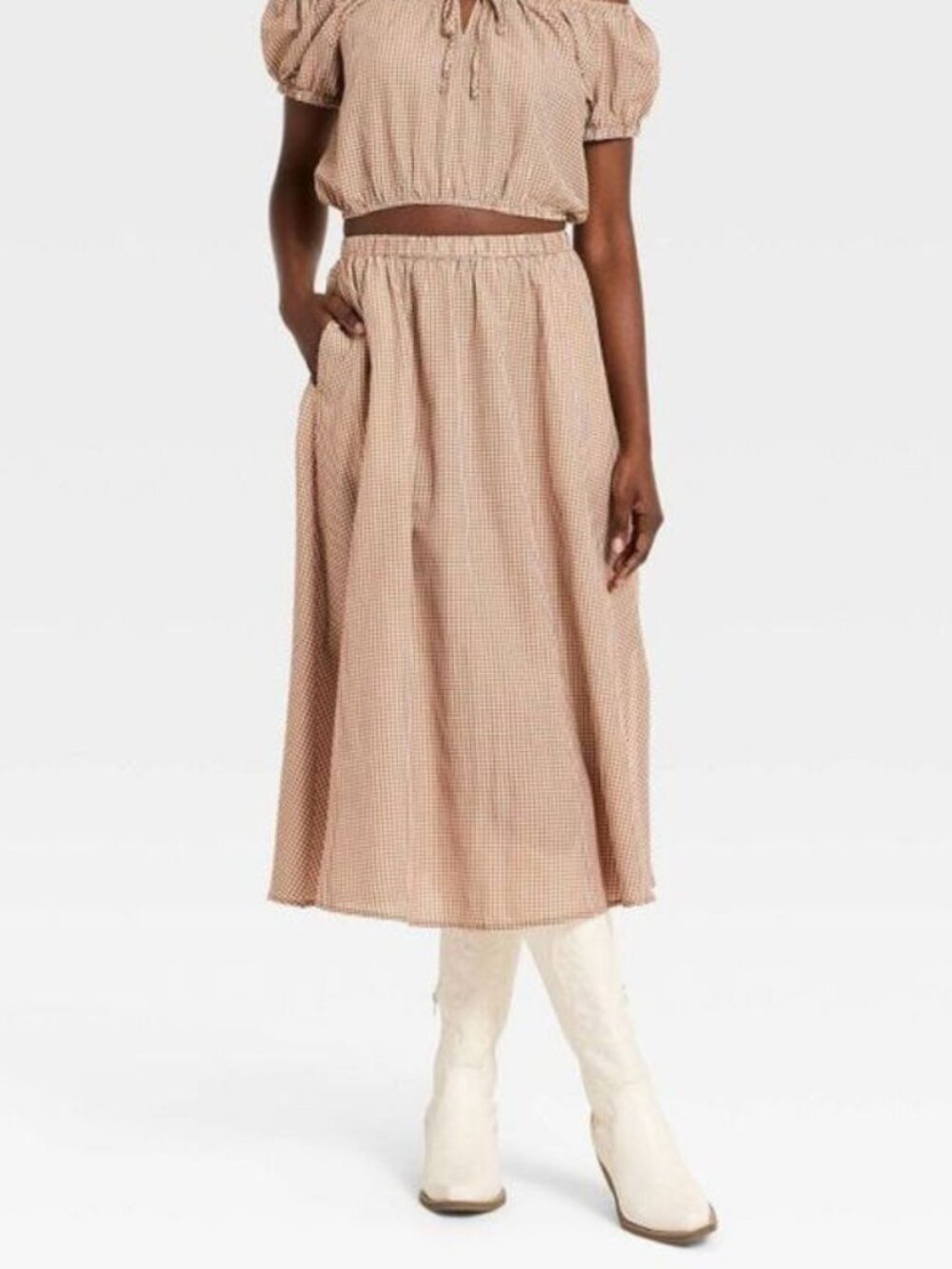 NWT Target A New Day Women's Pull-On Brown Cream Gingham Midi Skirt - M/L